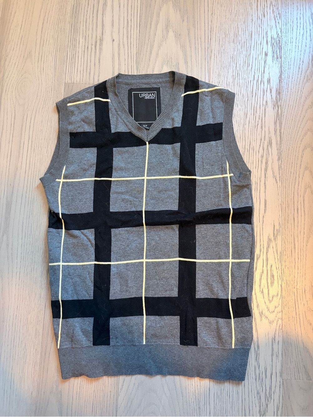 Urban Heritage Gray V-Neck Sweater Vest with Black & Yellow Windowpane